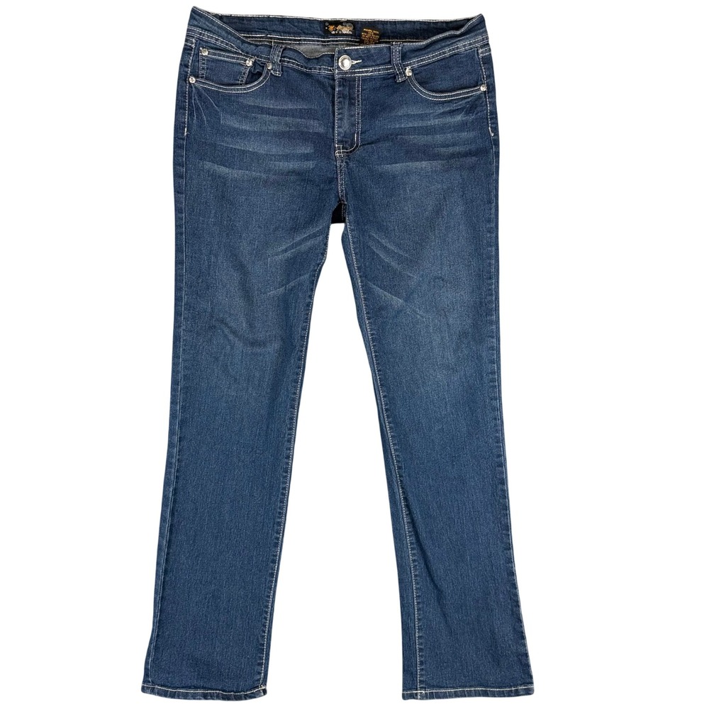 Mi-Jeans Womens Blue Rhinestone Straight Leg Stretch Jeans Size 13 Medium Wash